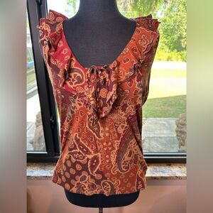 Ralph Lauren V-Neck Brown Red Paisley Ruffled Collar SleevelessBlouse Size Large